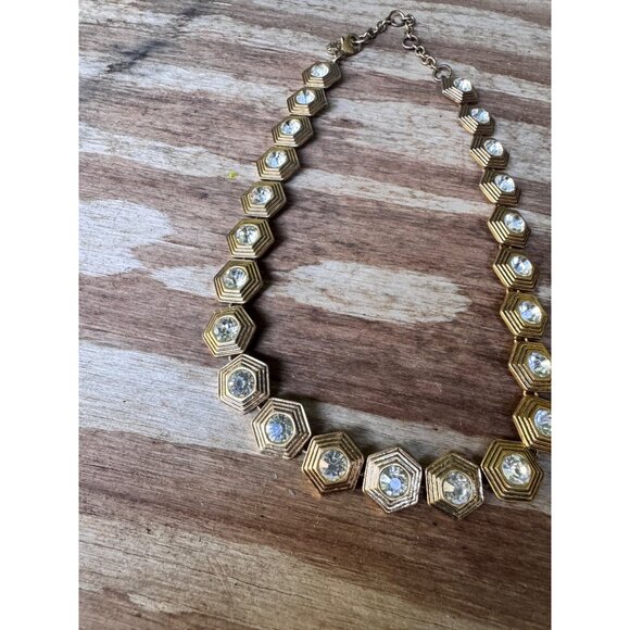 J Crew Gold Hexagonal Statement Necklace With Crystal Accents Lobster Clasp - Picture 2 of 6